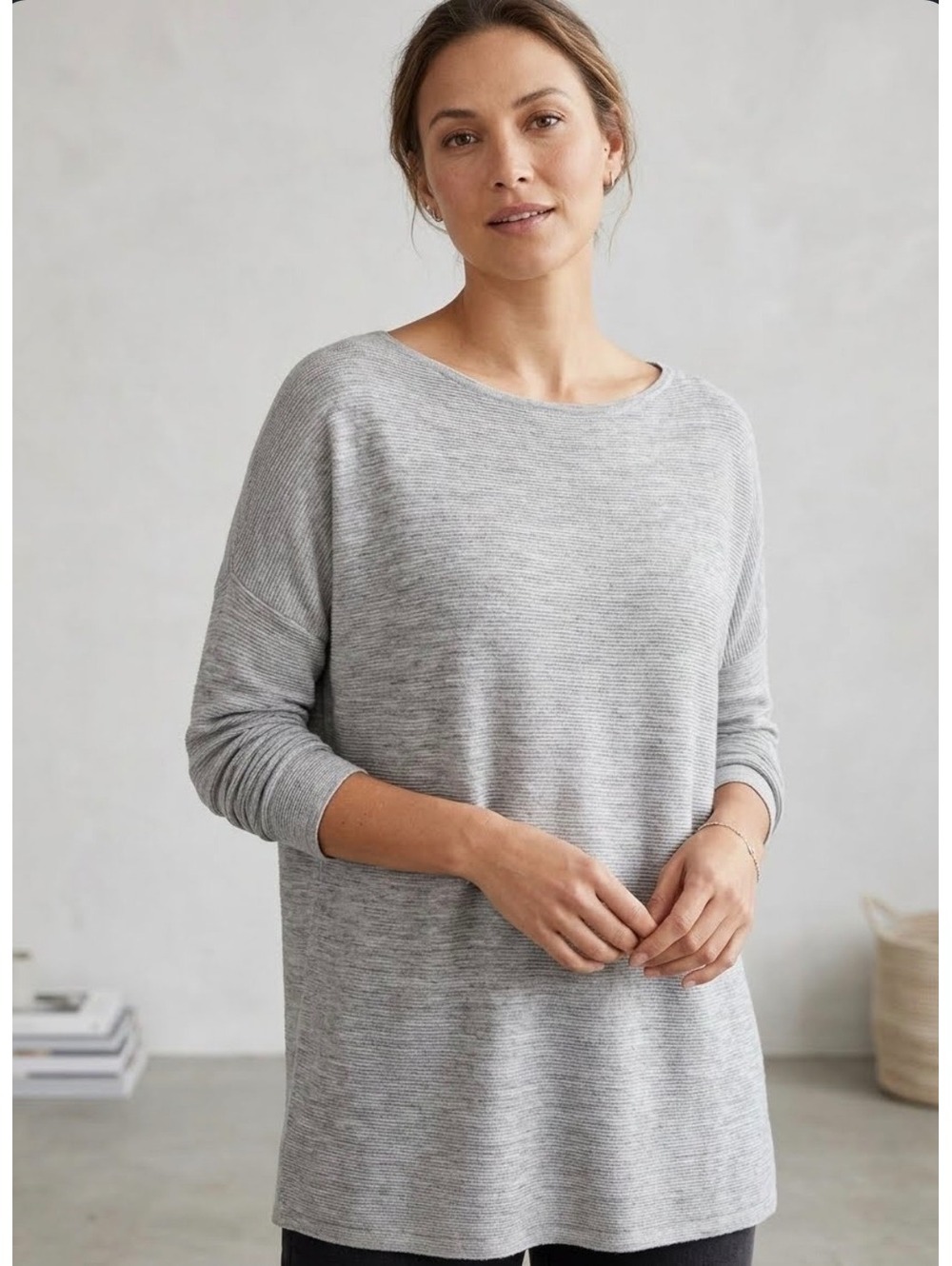 Eileen Fisher Grey Lightweight Rib Knit Dolman Sleeve Wool Tunic Top SIZE XL